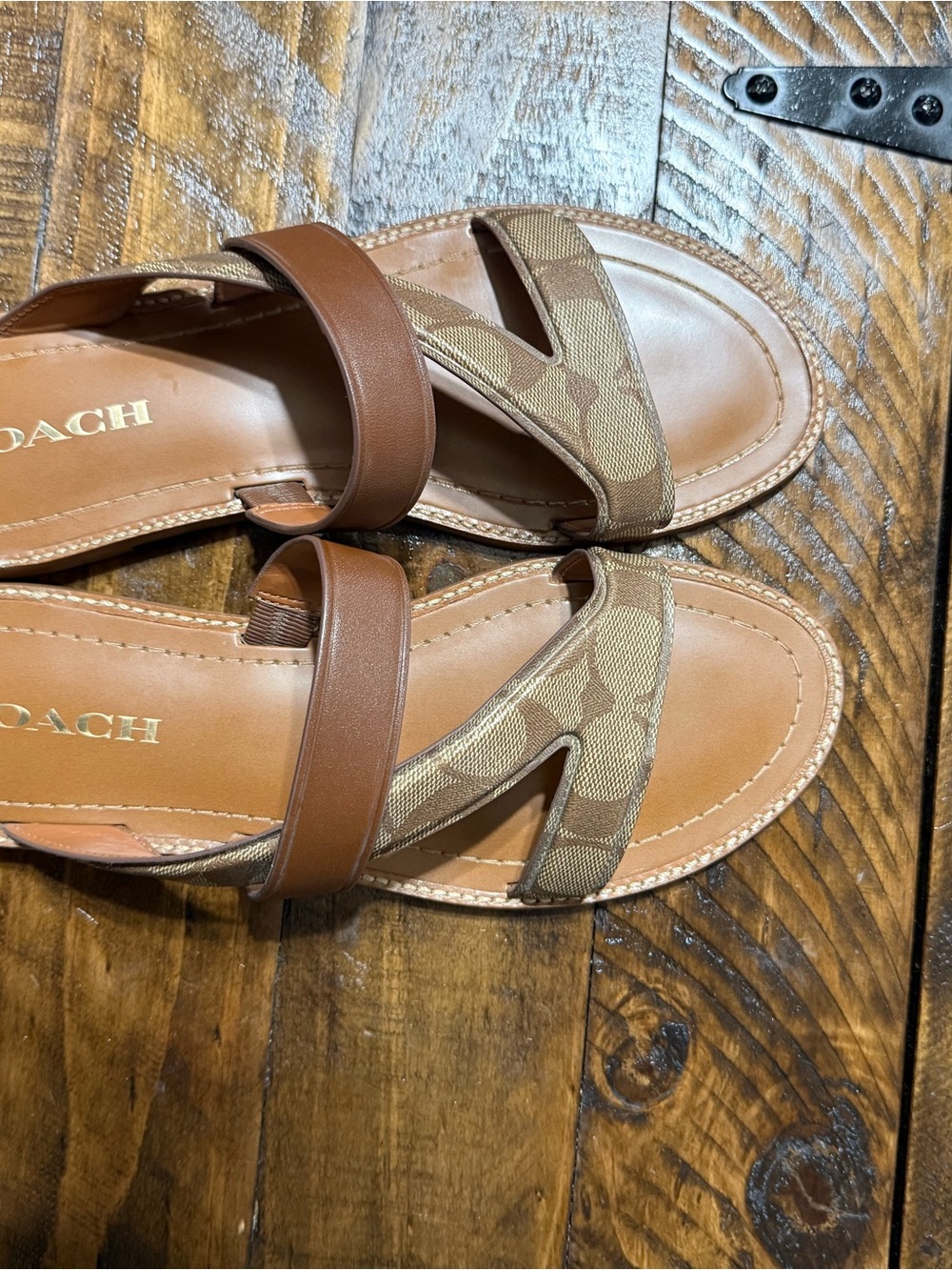 Coach Brown Signature Canvas & Leather Crossband Slide Sandals